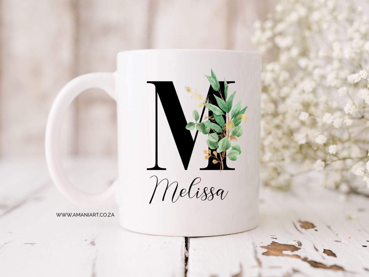 Leaf initial name mug