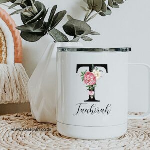 Pink floral Initial Travel Mug