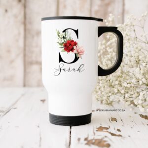 Red floral name Travel Mug