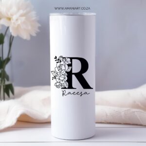 Monochrome Floral Initial Name Skinny Tumbler