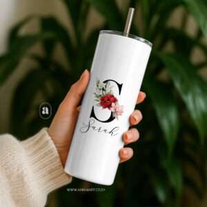 Red floral name skinny tumbler